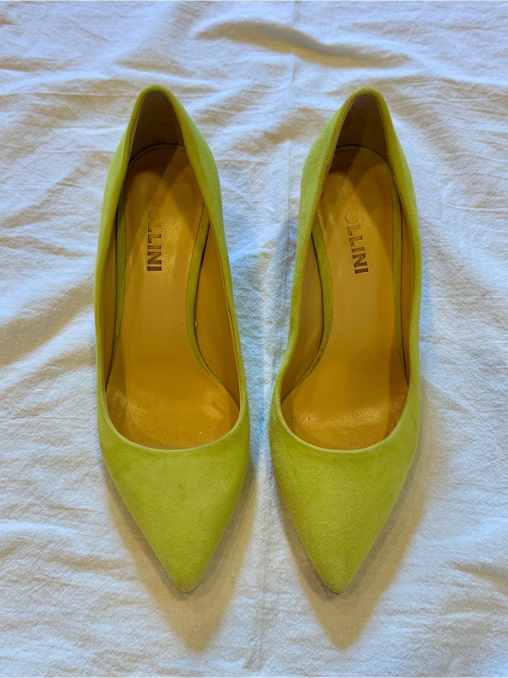 Pollini Italian Lime Green Suede Pointed Toe Block Heel Pumps Size 6